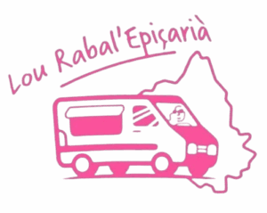 Logo de « Lou Rabal’Epiçarià » : dessin minimaliste d'un fourgon rose clair. Les contours du département de l'Aveyron sont représentés par une ligne rose en arrière-plan.